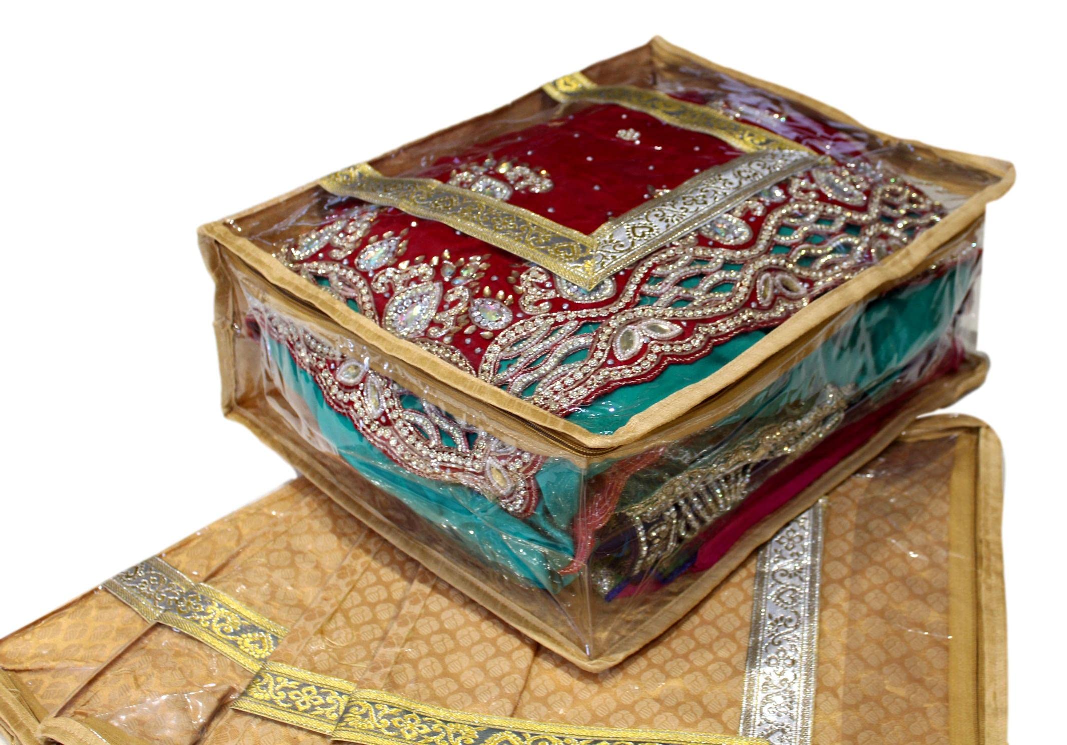 Mehek Set of 5 Large Storage Garment Bag Saree Sari Bag Clothes Lengha Bag Wardrobe organiser Indian wedding gift packing - Gold