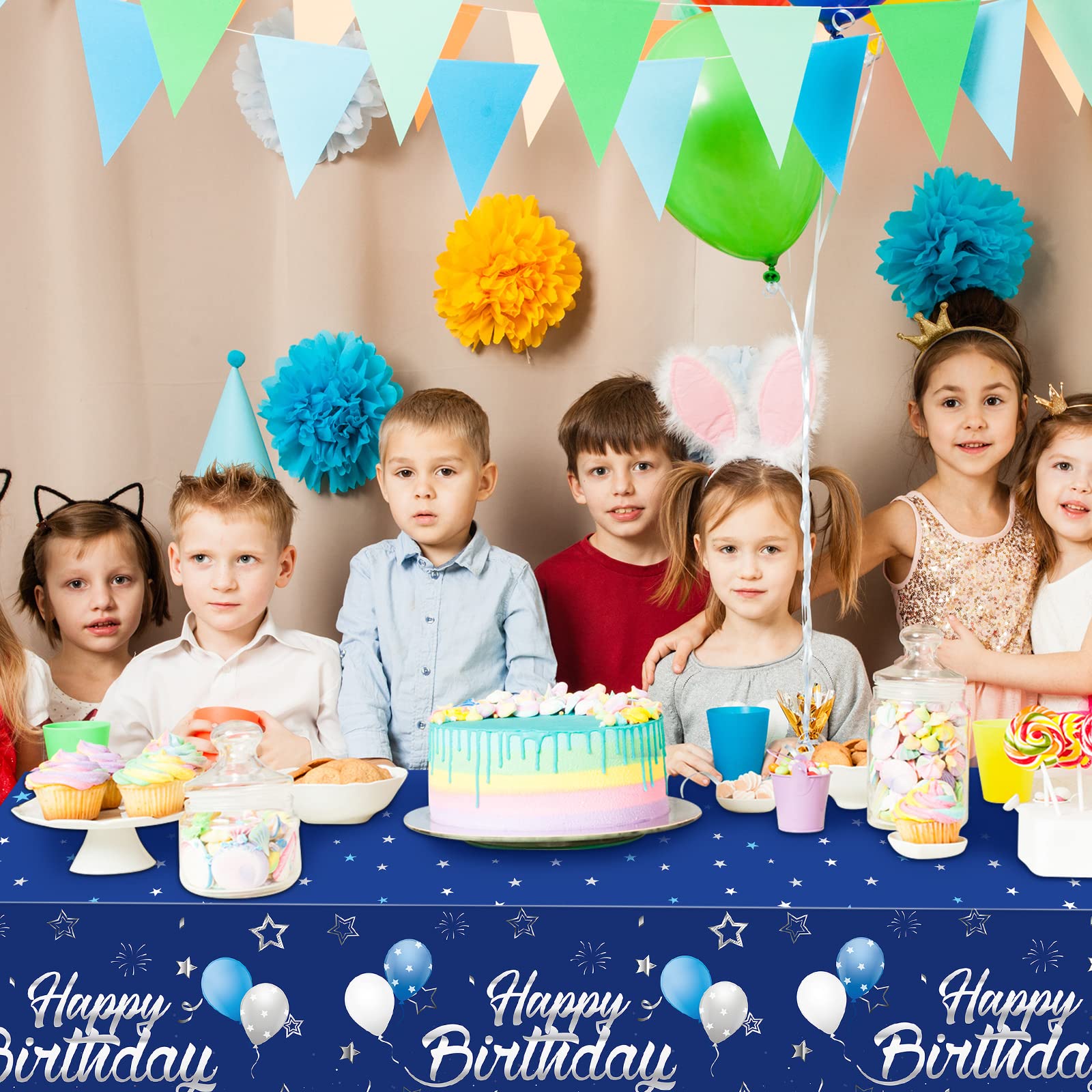 Tegeme Navy Blue Party Supplies Stars Happy Birthday Tablecloths Starry Confetti Table Covers for Kids Boys Girls Baby Shower Birthday Party Decorations(Navy Blue and Silver,3 Pack)