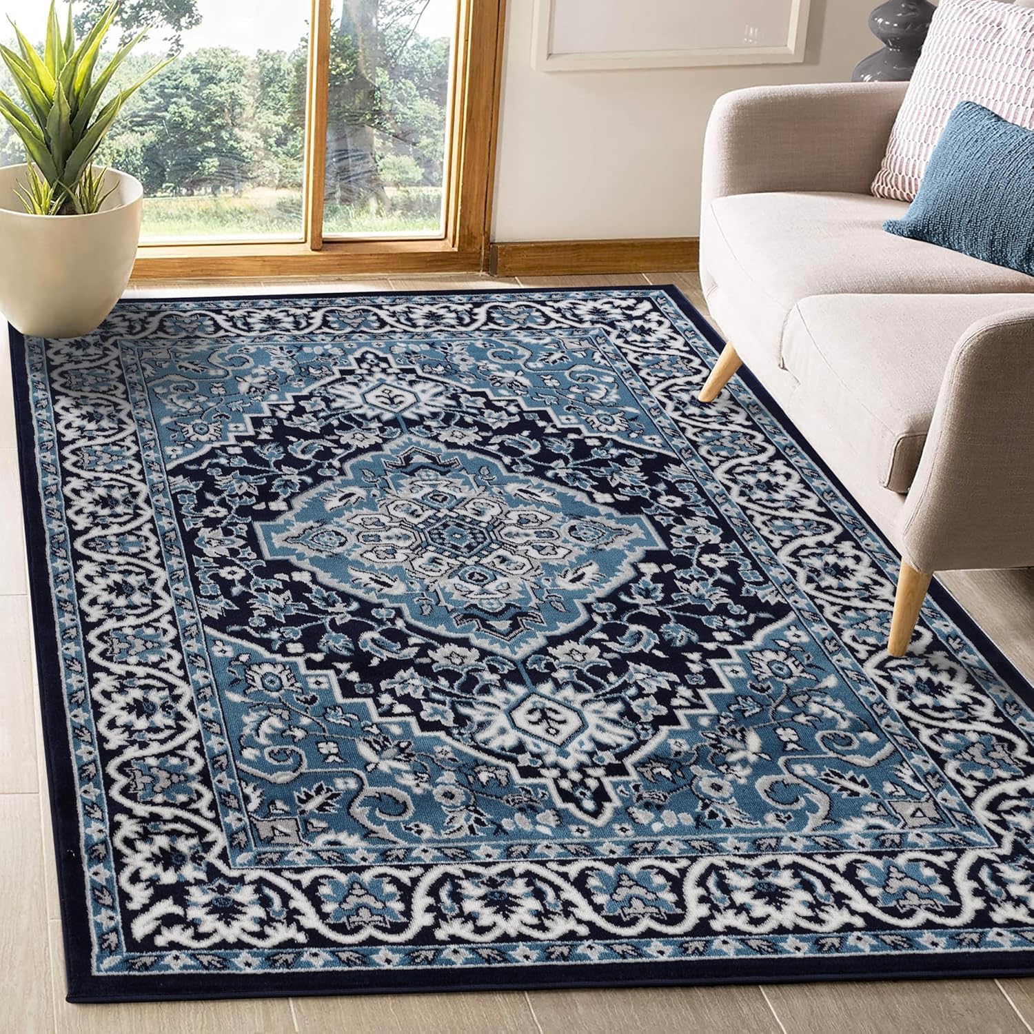 Superior Indoor Area Rug, Jute Backing, Rugs for Entryway, Dining, Kitchen, Bedroom Floors, Traditional Floor Decor, Oriental Medallion Indoor Rug, Glendale Collection, 5′ x 8′, Blue