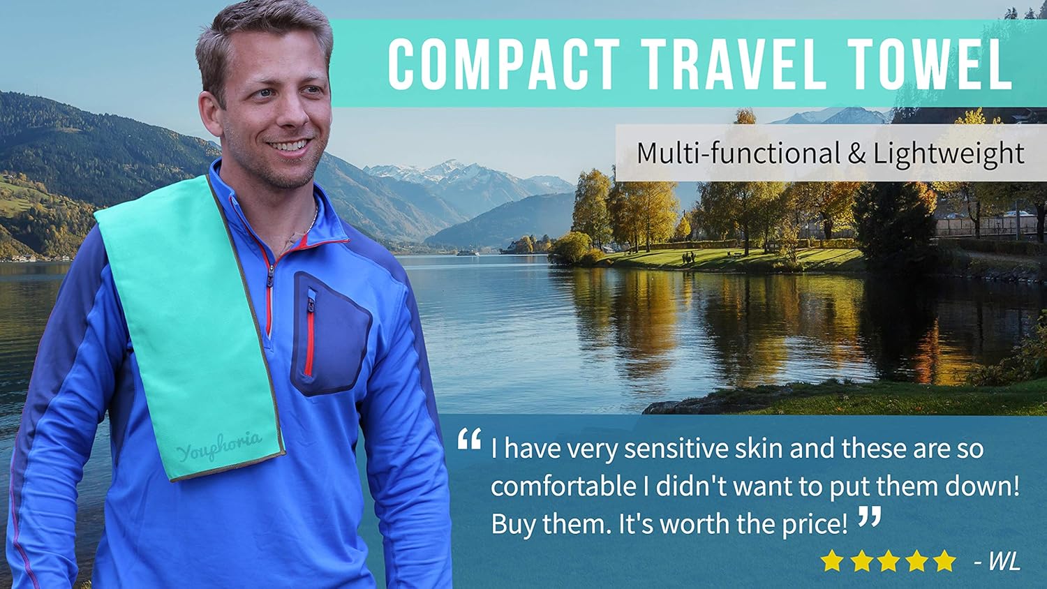 Youphoria Outdoors Microfiber Travel Towel - Ideal Fast Drying Towels for Camping, Travel, Beach, Backpacking, Gym, Sports, and Swimming - Lightweight, Quick Dry and Absorbent - 3 Size Options : Sports & Outdoors