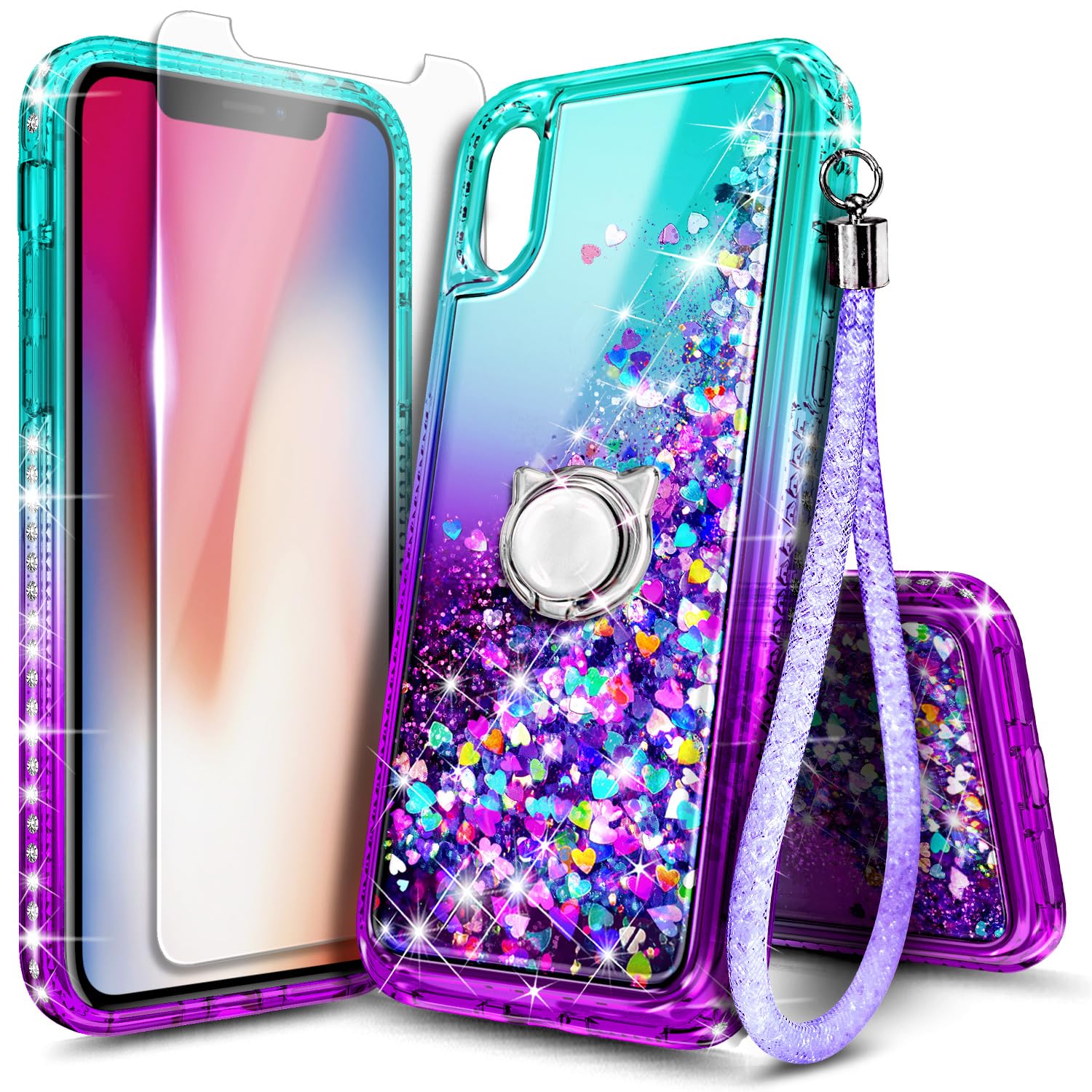NGB Case for iPhone Xs Max with Tempered Glass Screen Protector, Ring Holder/Wrist Strap, Girls Women Liquid Bling Sparkle Flowing Floating Glitter Quicksand Clear Cute Case (Aqua/Purple)