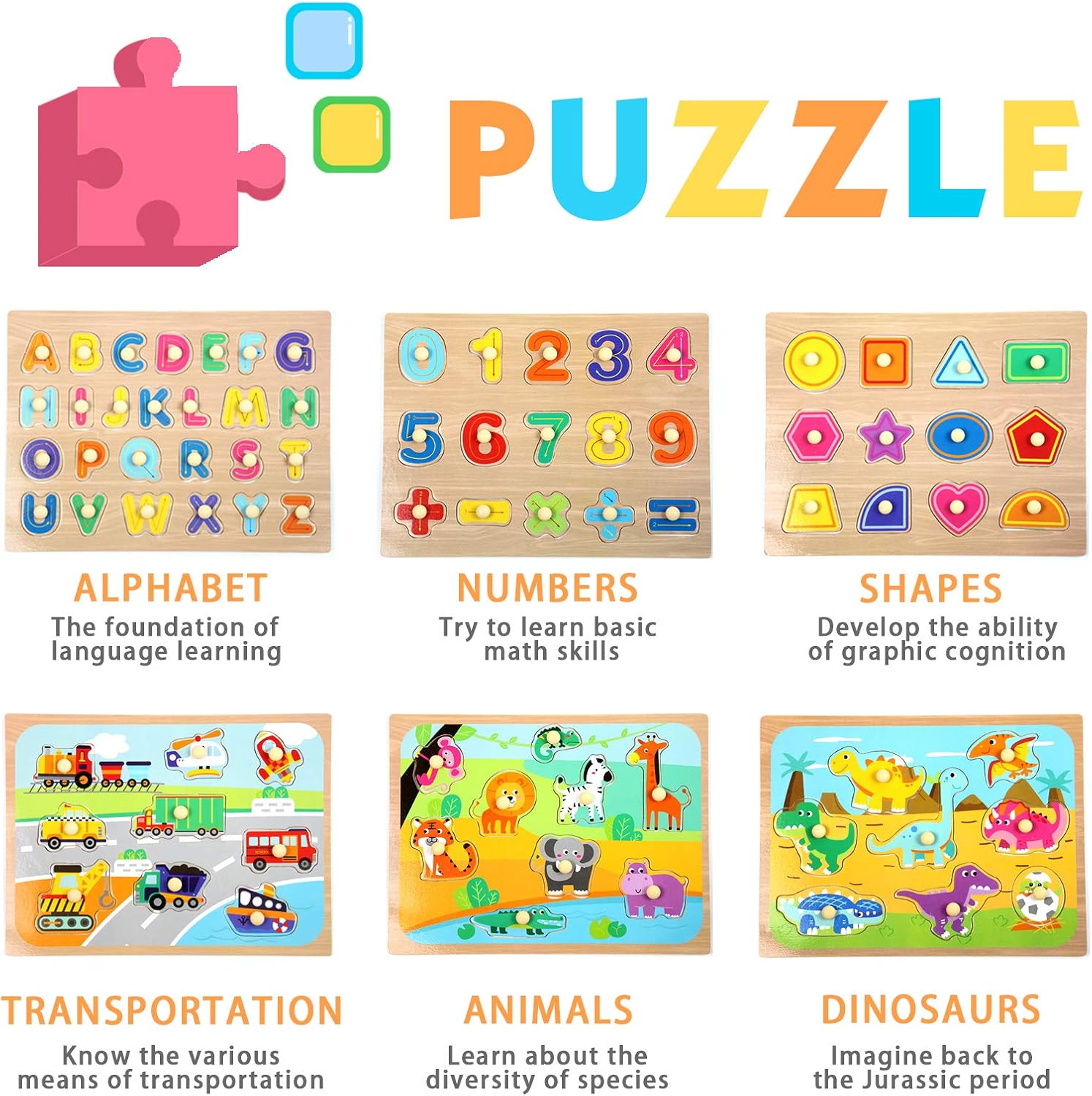 WOOD CITY Toddler Puzzles and Rack Set, Wooden Peg Puzzles Bundle with Storage Holder Rack, Educational Knob Puzzle for Kids Age 2 3 4 Years - Alphabet Number Shape Dinosaur Animal Vehicle: Toys & Games