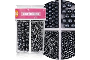 SWEETGROVE Black Sprinkles for Cake Decorating, 7.8oz Edible Pearl Sprinkles, Sugar Candy Pearls for Baking, Cookie Decorations & Cupcake Topper, Wedding Party Halloween Supplies (Black, 4 Sizes)
