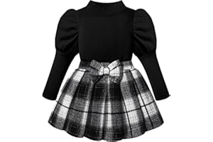 BAVADER Toddler Girl Clothes Skirt Set Cute Puff Sleeve Top Girls Plaid Skirt with Bow Toddler Outfits for Girls 1-8 Years