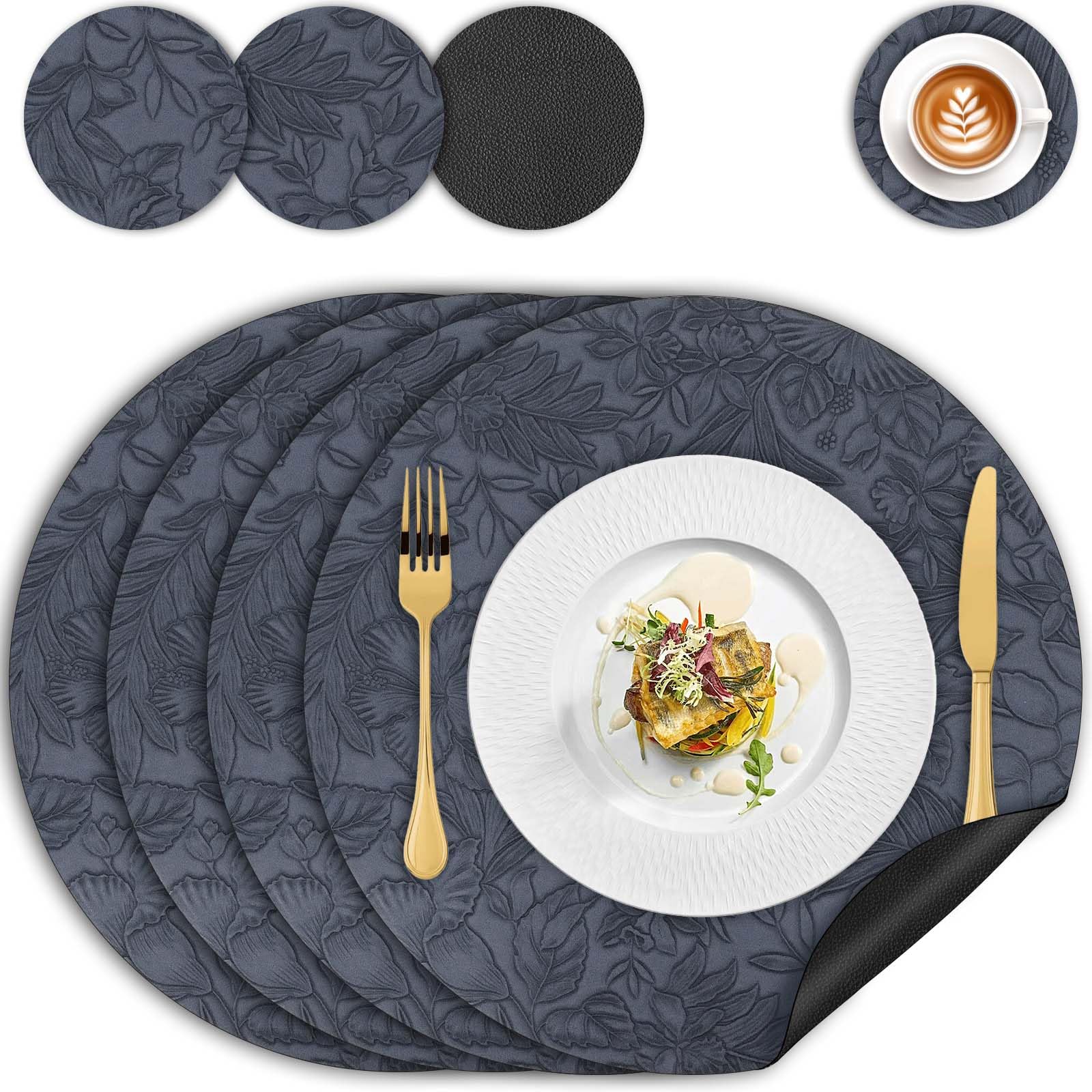 Placemats and Coaster Sets 4, Dual-Sided Leather Table Mats Heat-Resistant Non Slip Waterproof, Round Floral Wipeable Washable Place Mat(34cm), Easy to Clean for Kitchen Dinning Restaurant(Blue Black) — image 1