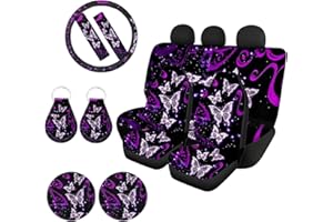 Biyejit Galaxy Purple Butterfly Car Interior Accessories Seat Cover Set for Women Men, Front Rear Backseat Cover Seat Cover/Steering Wheel Cover/Seat Belt Cover/Coasters/Keychains