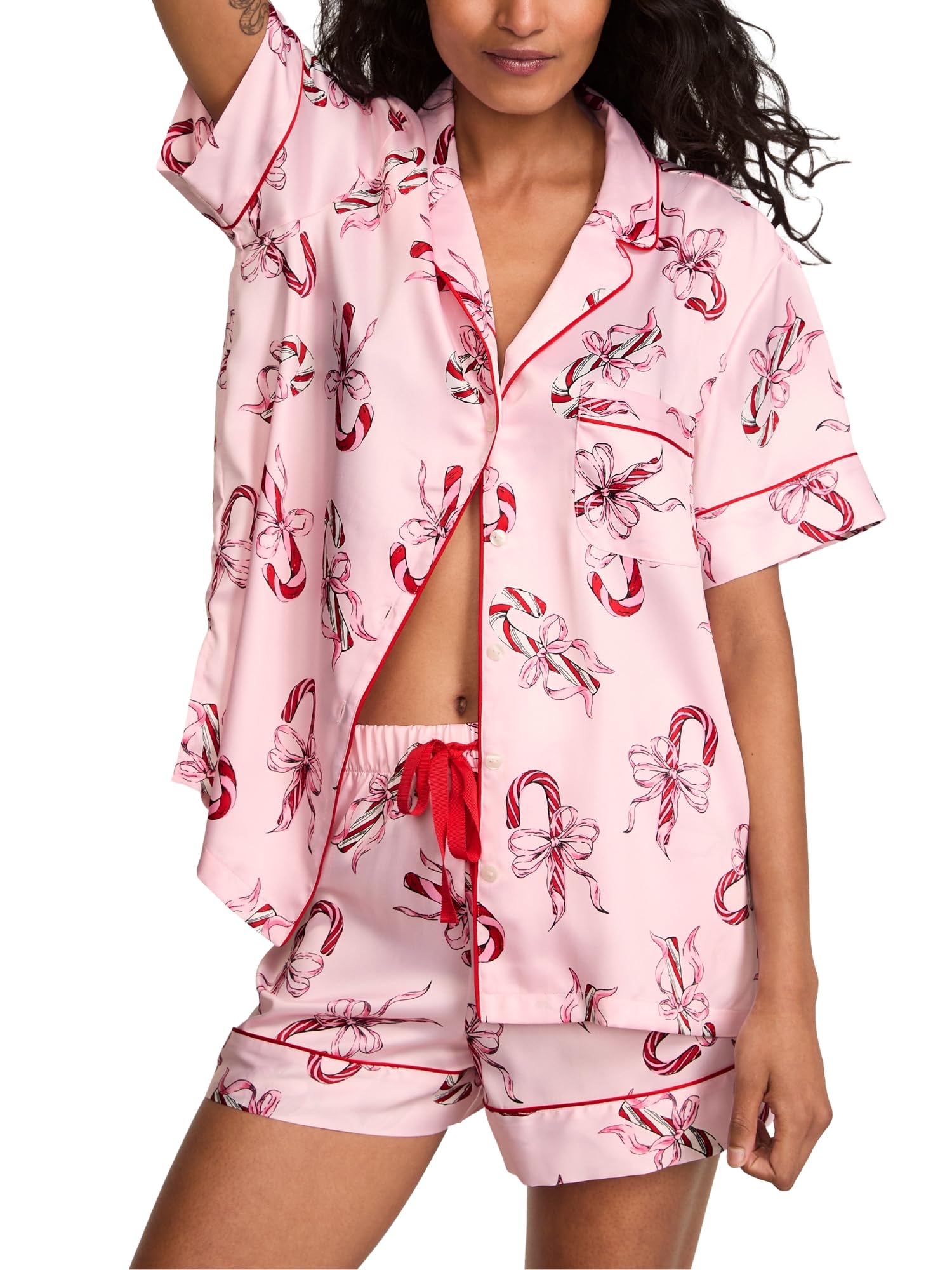 Victoria's Secret Satin Pajama Set, Short Sleeve Button Down & Shorts, Pajamas for Women, Candy Canes, M Image
