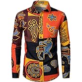 PARKLEES Men's Cotton Linen-Like 70s Disco Retro Traditional Pattern Printed Long Sleeve Button Down Shirt