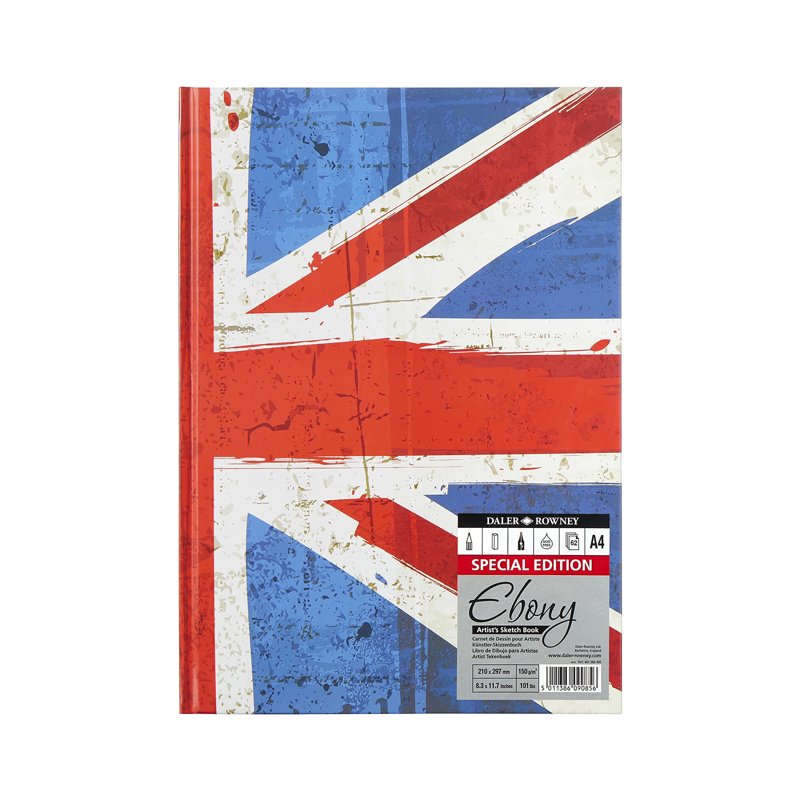 Daler-Rowney Ebony Union Jack Cover, Lightly Textured 150gsm A4 Hardbound Portrait Sketchbook, 62 Natural White Sheets, For Professional Artists & Students — image 1