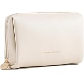 Aveniee Travel Makeup Bag Small, Vegan Leather Cosmetic Pouch for Purse, Wide-open Toiletry Organizer with Dividers & Zipper for Women-Beige