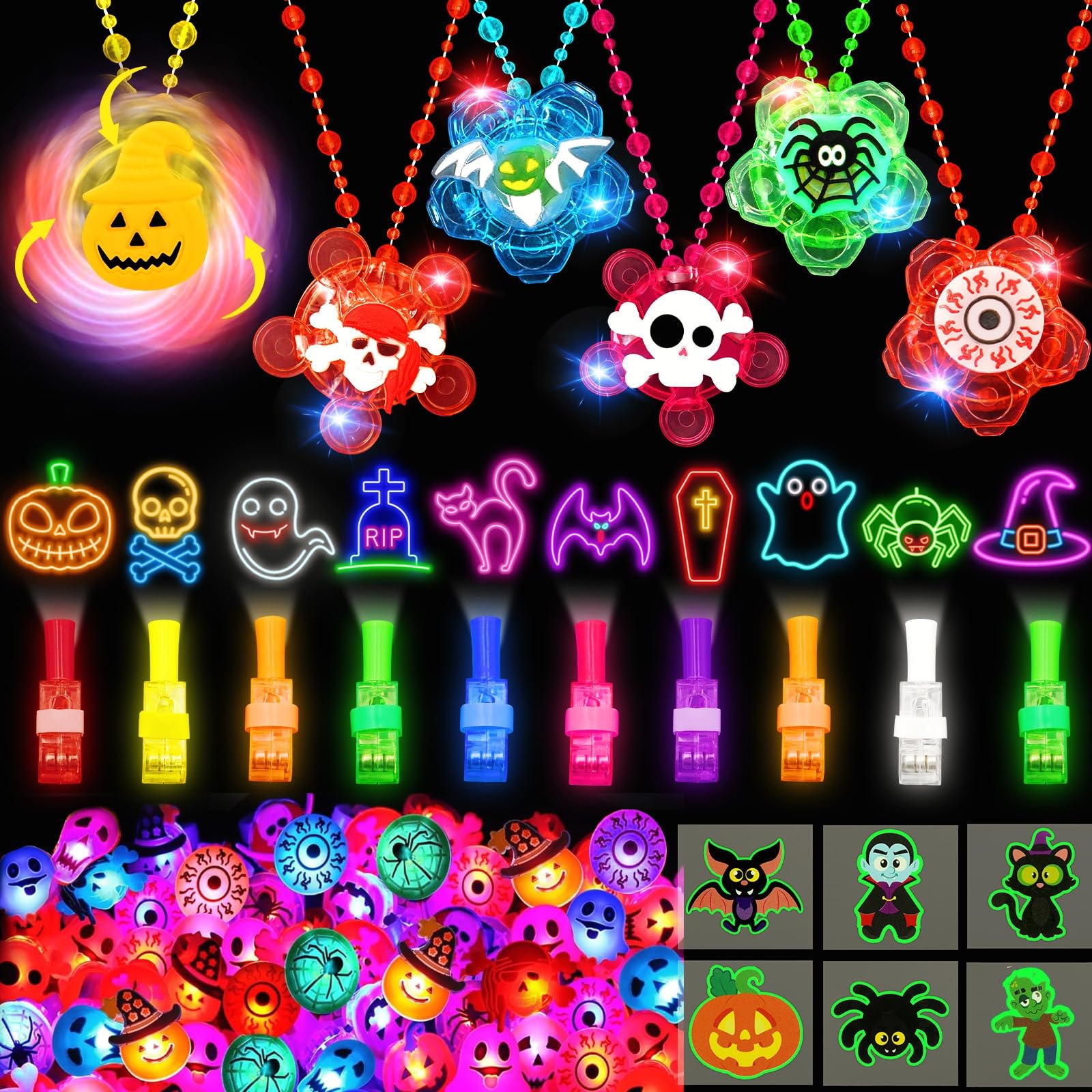 Photo 1 of 100 PCS Halloween Party Favors for Kids, Halloween Glow in the Dark Toys Rotating LED Necklaces Flash Rings Finger Lights Goodie Bag Fillers for Halloween Party Classroom Prizes Trick or Treats Gifts