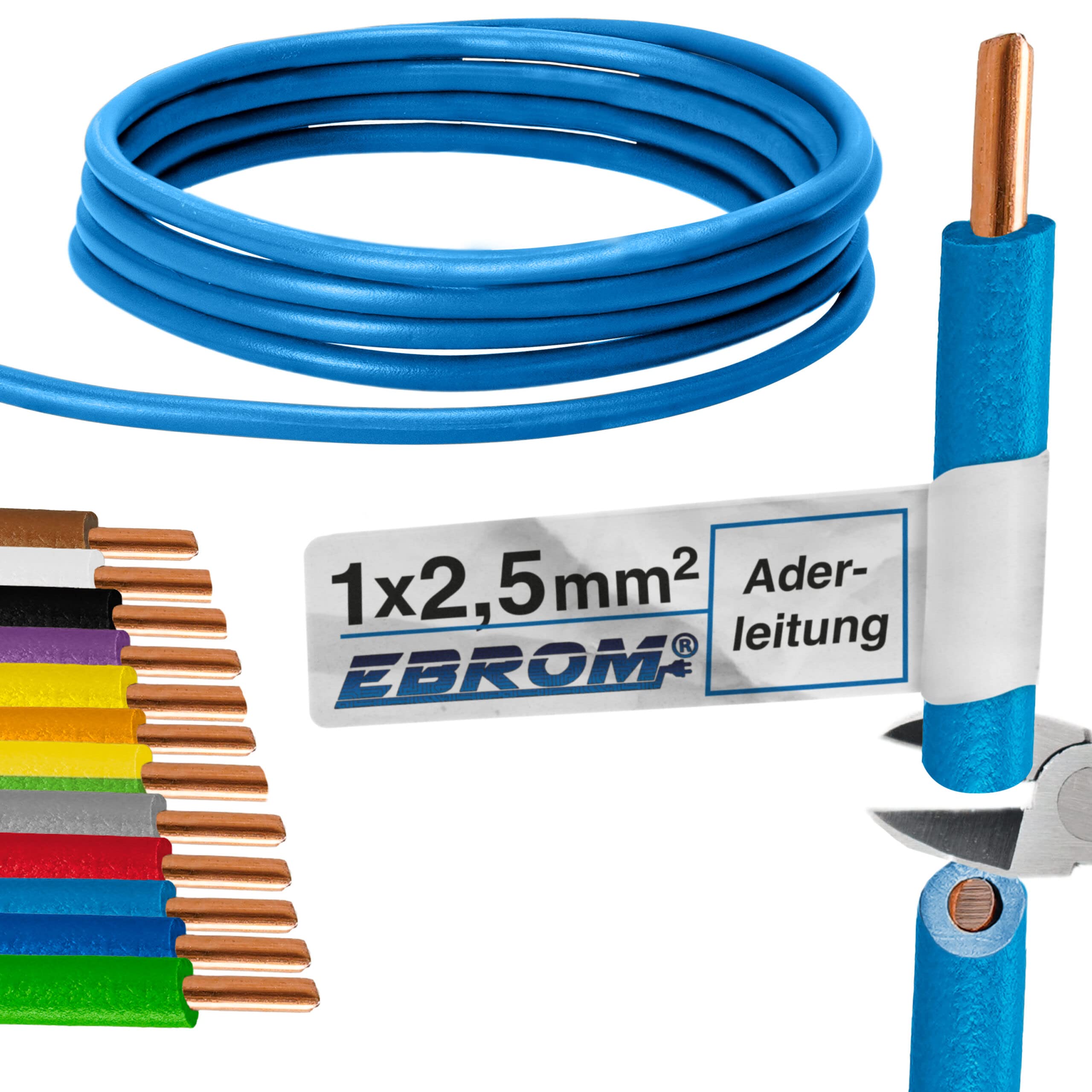 Wire Electric Cable – Single Core Rigid – PVC Electric Cable – H07V-U 2.5 mm² – Colour: Light Blue 10 m/15 m/20 m/25 m/30 m/35 m/40 m/45 m/50 m/55 m/60 m to 100 m Freely Selectable