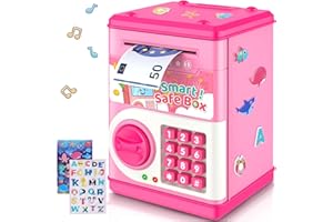 LJZJ Pink Piggy Bank for Kids with Password Code Lock and Auto Grab Bill Slot, PhilaeEC Real Money Cash Coin Can Saving Box Electronic Money Safe Bank, Hot Gift for 4 7 8 9 10 11 Year Old Boys Girls