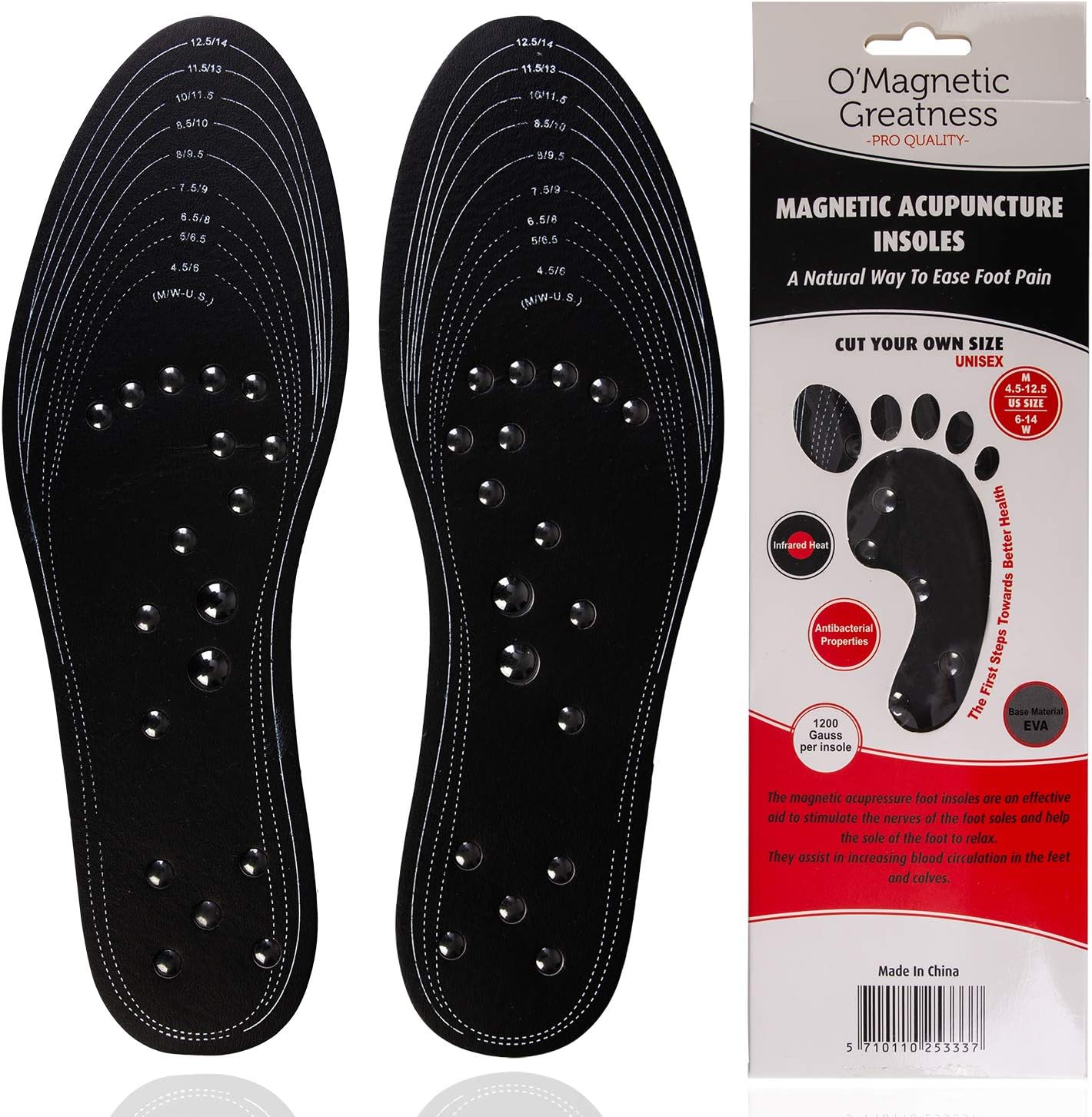 Mindinsole Acupressure Magnetic Insoles Massage Foot Massaging Insole Reflexology Pain Relief Washable and Cuttable for Men and Women (Size:US M(4.5-12.5) W(6-14))