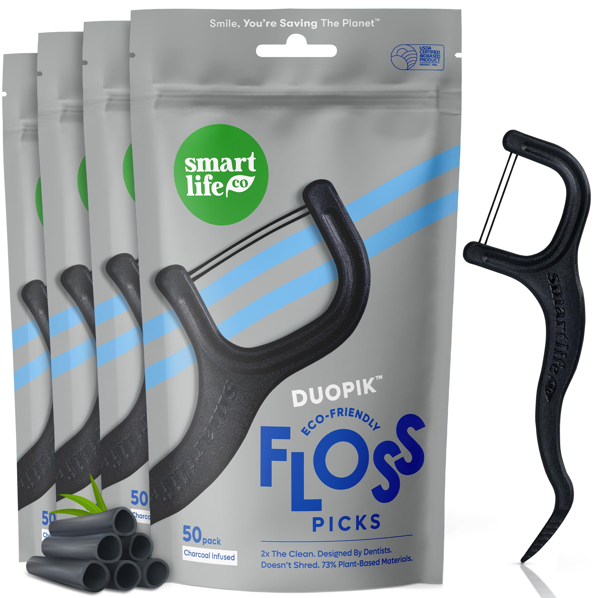 Photo 1 of SmartLifeco Eco-Friendly Dual-Thread Dental Floss Picks (200ct) - Flossers Made with Straw Wheat Blend, Natural Teeth Whitening, Tooth Pick Stick for Adults, Activated Bamboo Charcoal Floss Thread