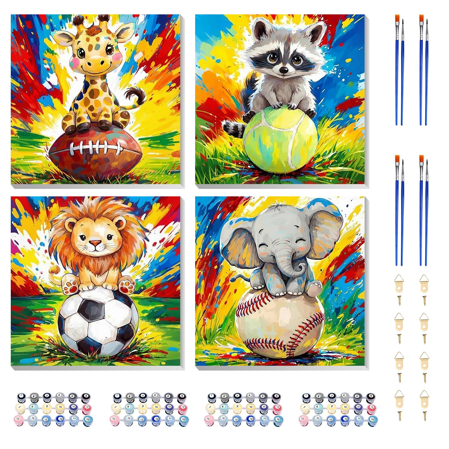4 Pack Paint by Numbers for Children with Frame,Paint by numbers for Kids 6-12,Football Rugby Baseball Tennis Painting by Numbers for Kids,Easy Sports Painting Kits for Home Decor and Gifts 8x8in