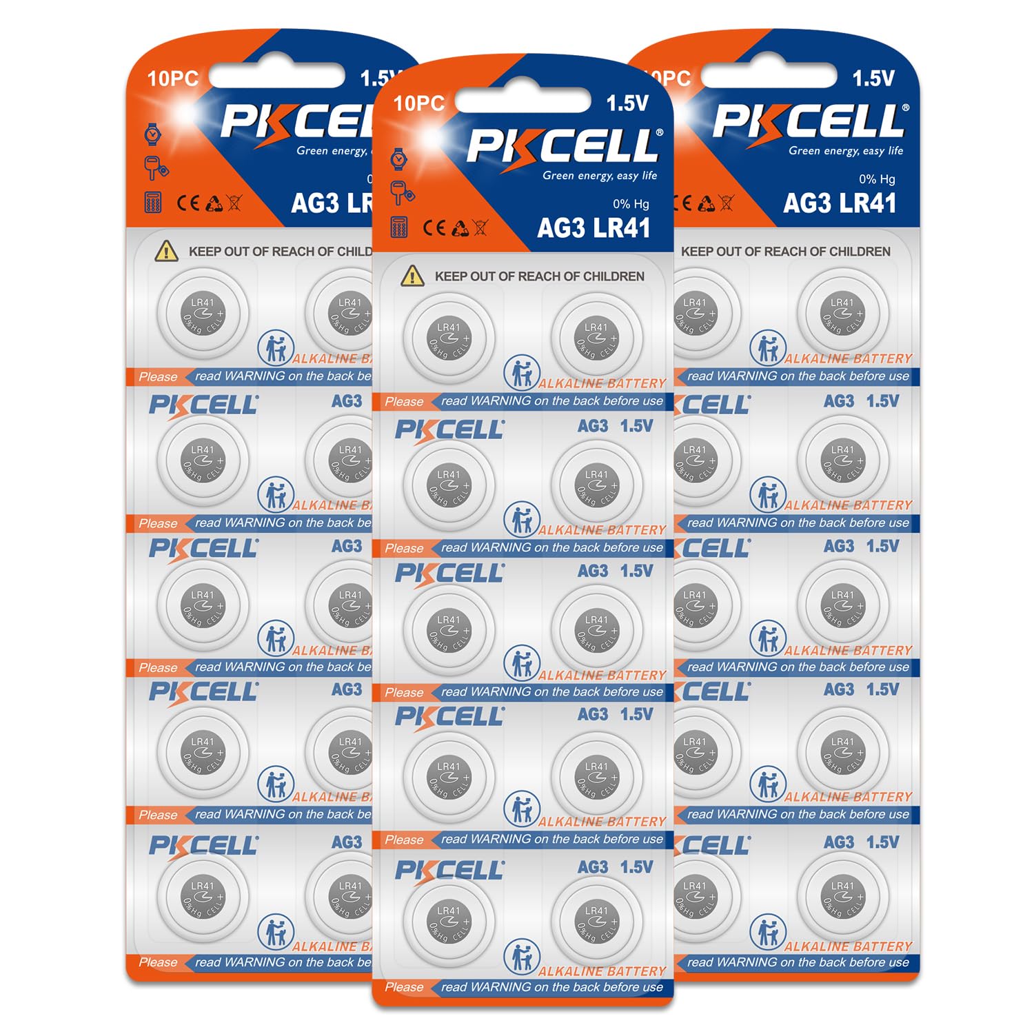 PKCELL 30 pcs LR41 AG3 G3 Alkaline Batteries Button Cell Watch Battery