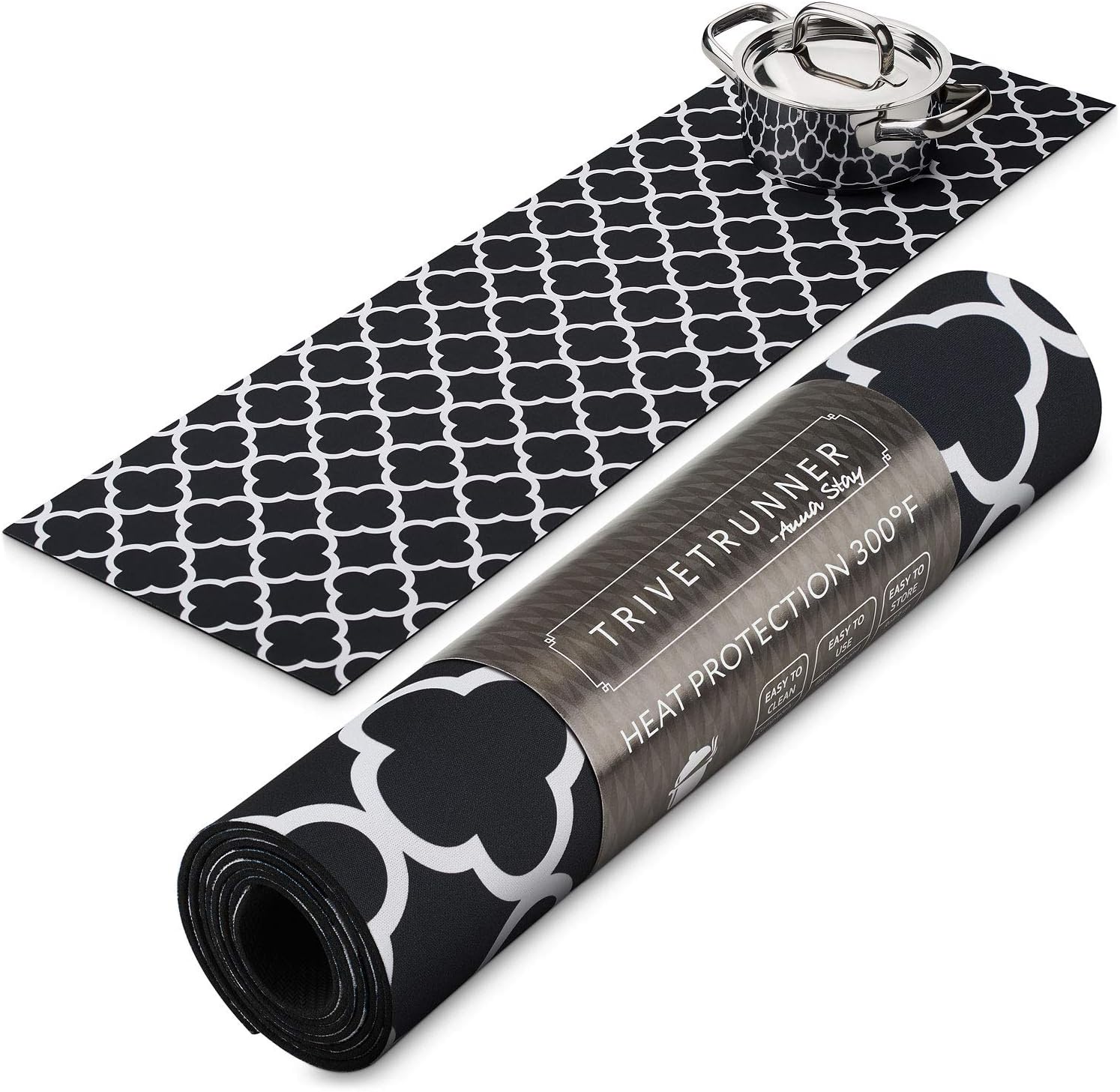 Trivetrunner :Decorative Trivet and Kitchen Table Runners Handles Heat Up to 300F, Anti Slip, Hand Washable, and Convenient for Hot Dishes and Pots,Hand Washable (Black / White)