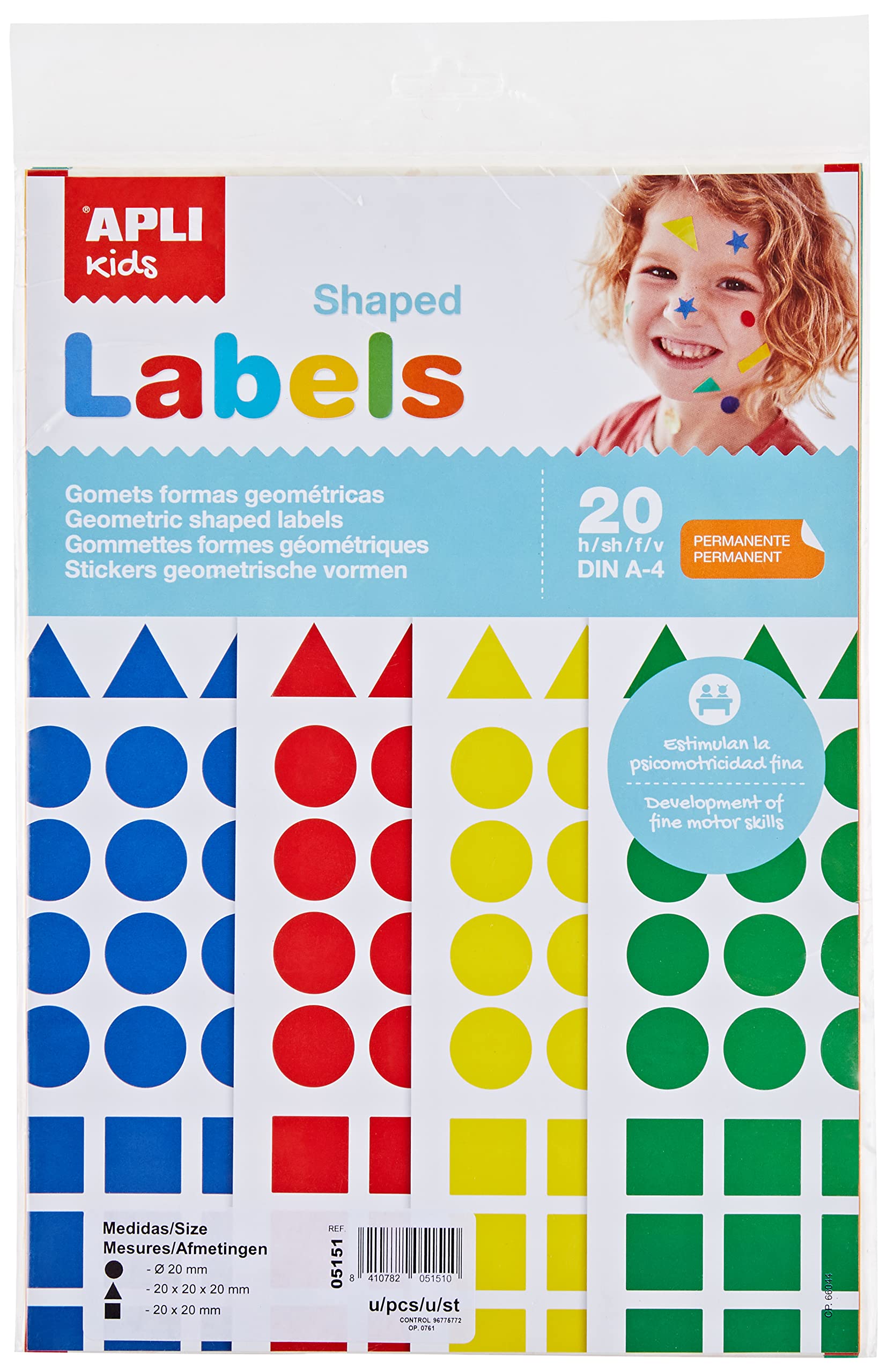 Apli KIDS 5151 - Pack of 1,920 Stickers in Various Shapes and Colours - 20 Sheets Yellow/Blue/Red/Green Triangles (20 x 20 x 20 mm), Round (Diameter 20 mm) and Square (20 x 20 mm) in