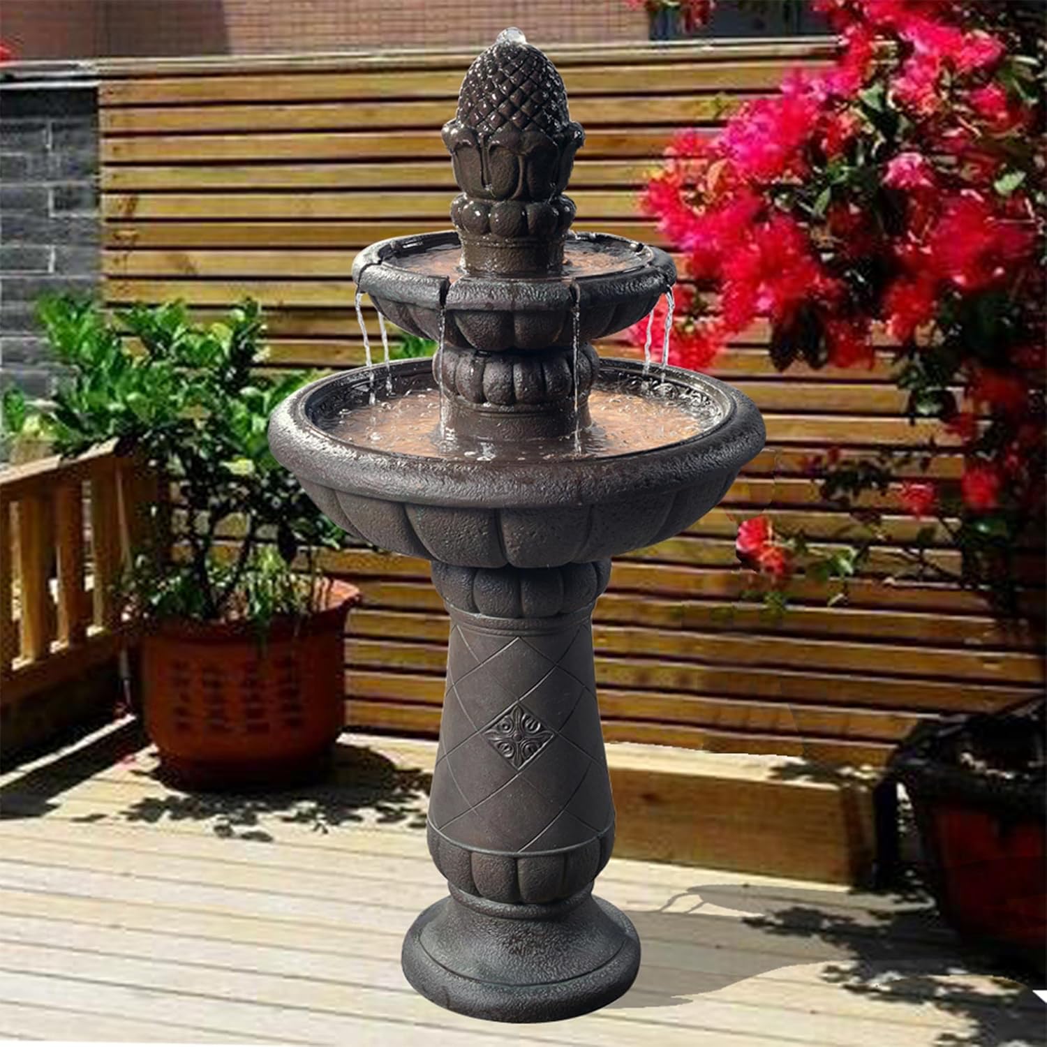 Peaktop Deluxe Pineapple Pedestal 2 Tiered Floor Waterfall Fountain with Pump for Outdoor Patio Garden Backyard Decking, 39 Inch Height, Iron Gray: Home & Kitchen