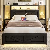 Otevehde Queen Size Rustic Bed Frame with Storage Born Door Headboard and Bedside Storage, Industrial Farmhouse Metal Platform Bed Frame with Charging Station and LED Lights, Black