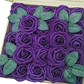 J-Rijzen Artificial Flowers 50PCS Real Looking Dark Purple Fake Roses with Stem for DIY Wedding Bouquets Centerpieces Party Baby Shower Home Decorations (Purple)