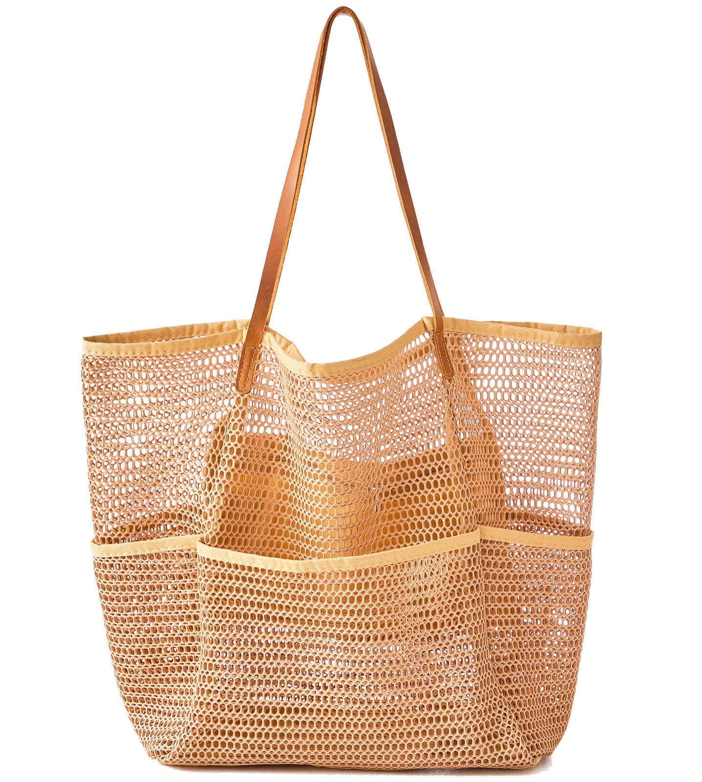 Mesh Beach Bag Leather Handle Strap Zipper Pocket Large Pool Tote