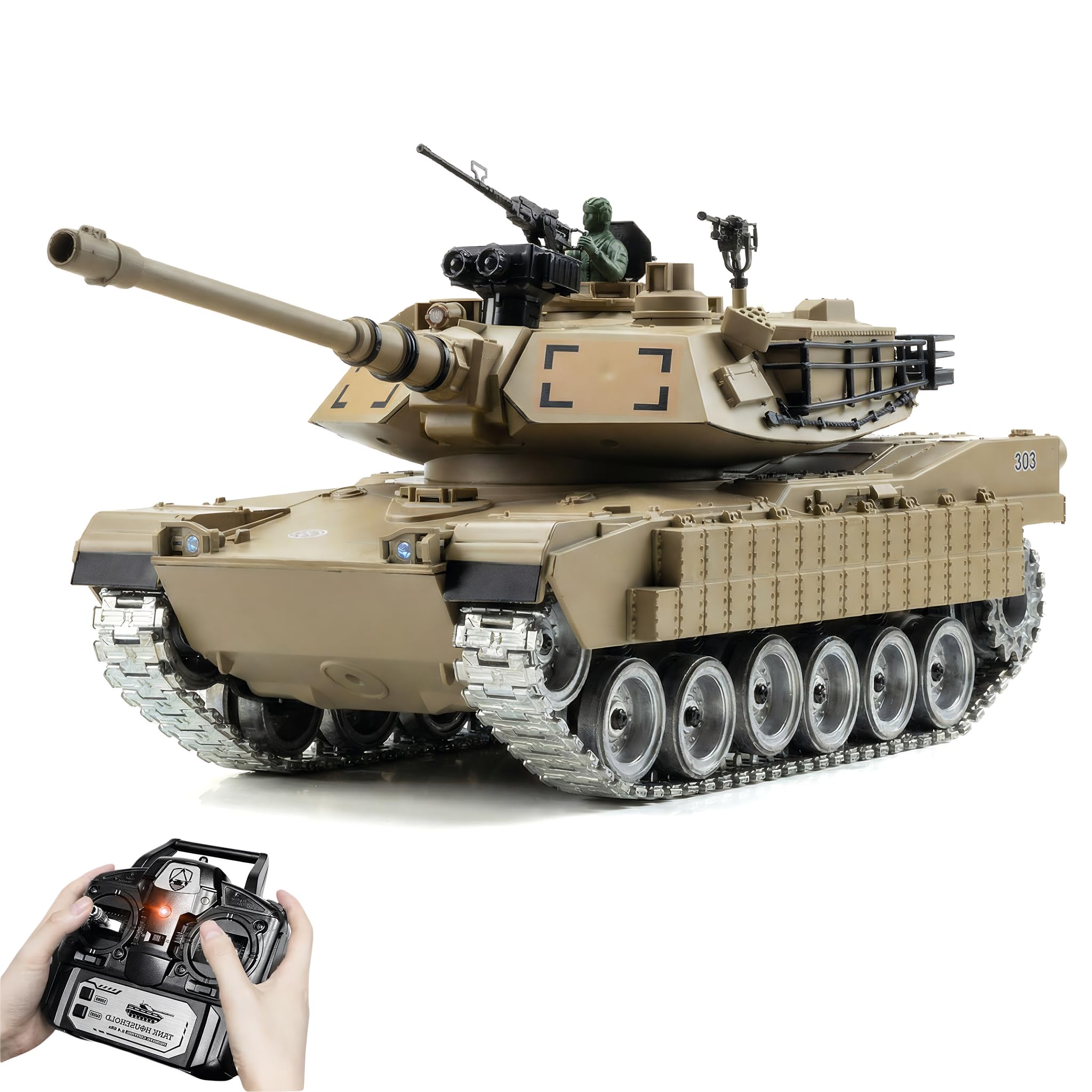 AoreSpty 1:18 Scale M1A2 Remote Control Tank, 360° Spin & BB Gun Shooting, Realistic Smoke, Sound & Lights, All-Terrain Army Toys for Kids & Adults, Durable Metal Tracks