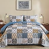 WONGS BEDDING Boho Quilt Set King Size, Blue Patchwork Plaid Bedspread Bedding Sets Paisley Soft Microfiber Quilts for King Bed 3 Pieces Coverlet Set for All Season (104"x90")