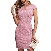 M.Infisavo Women Pencil Dress Notch V Neck Cap Sleeves Tweed Dresses for Work Office Daily