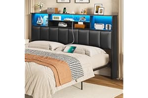 MSmask King Size Headboard With Bookcase Storage Shelves, Charging Station, LED Lights, and Bed Frame Adapter - Upholstered Modern Design in Black