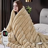 HaloRest Heated Throw Blanket, Faux Fur Cozy Heating Blanket with Overheat Protection, 1/2/4/6/8 Hours Auto-Off 10 Heat Level, Machine Washable (50x60 Inches, Beige)