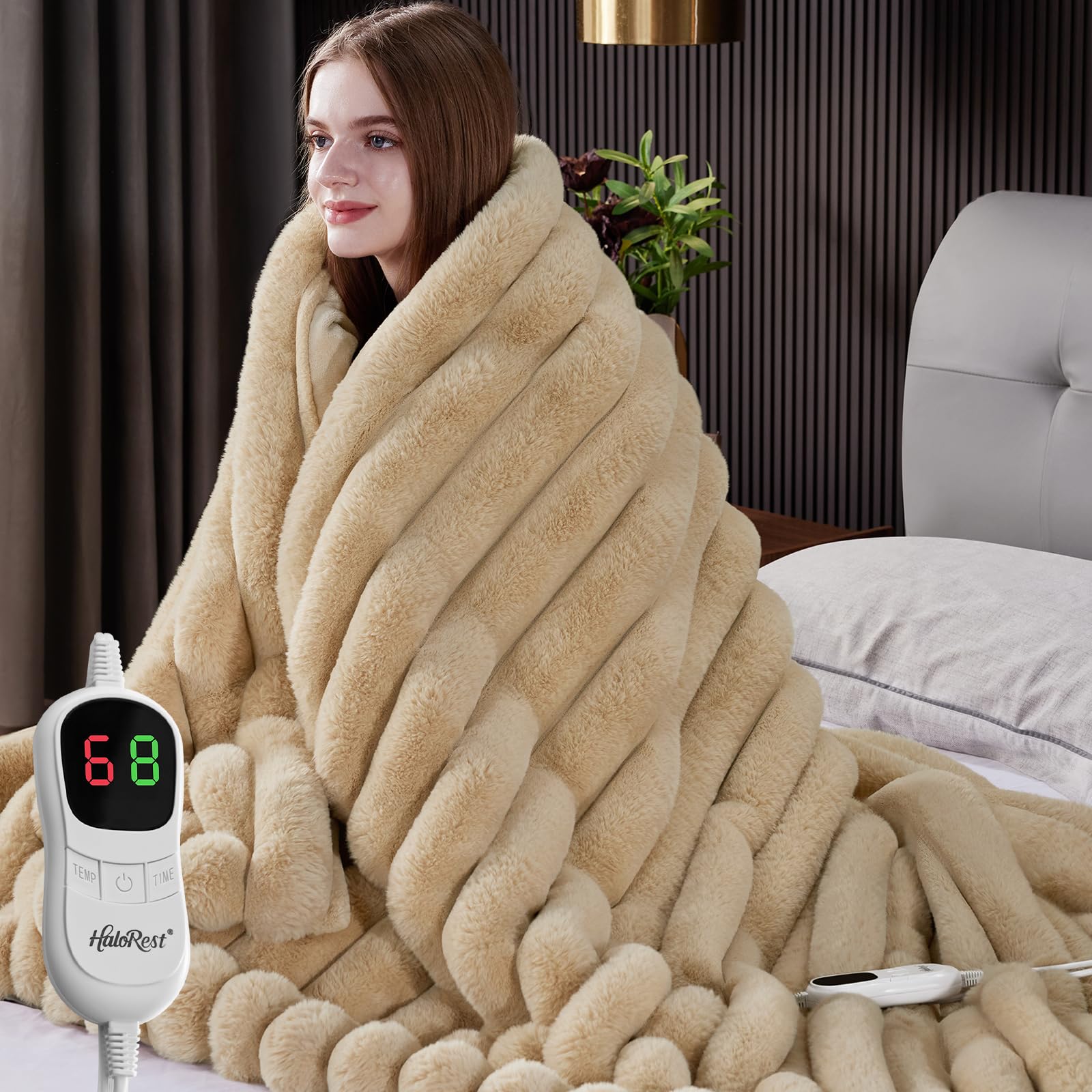 Photo 1 of HaloRest Heated Blanket Full Size, Faux Fur Cozy Heating Blanket with Overheat Protection, 1/2/4/6/8 Hours Auto-Off 10 Heat Level, Machine Washable (72x84 Inches, Beige)