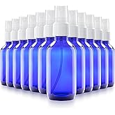 2oz Glass Spray Bottles for Essential Oils, Small Empty Spray Bottle, Fine Mist Spray - Set of 12 Blue Bottles with White Mis