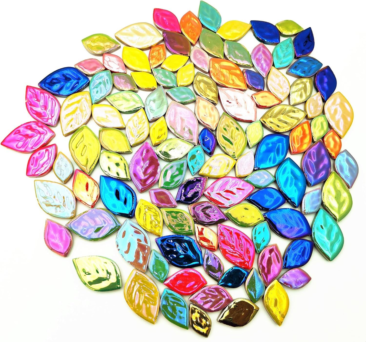 500g Random Iridescent Leaves Ceramics Mosaic Tiles,Making Creative 3 Size Ceramic Mosaic Pieces for DIY Craft,Flowerpots, Vases, Cups, Garden Decor Mosaic Making Supplies (Mix Color)