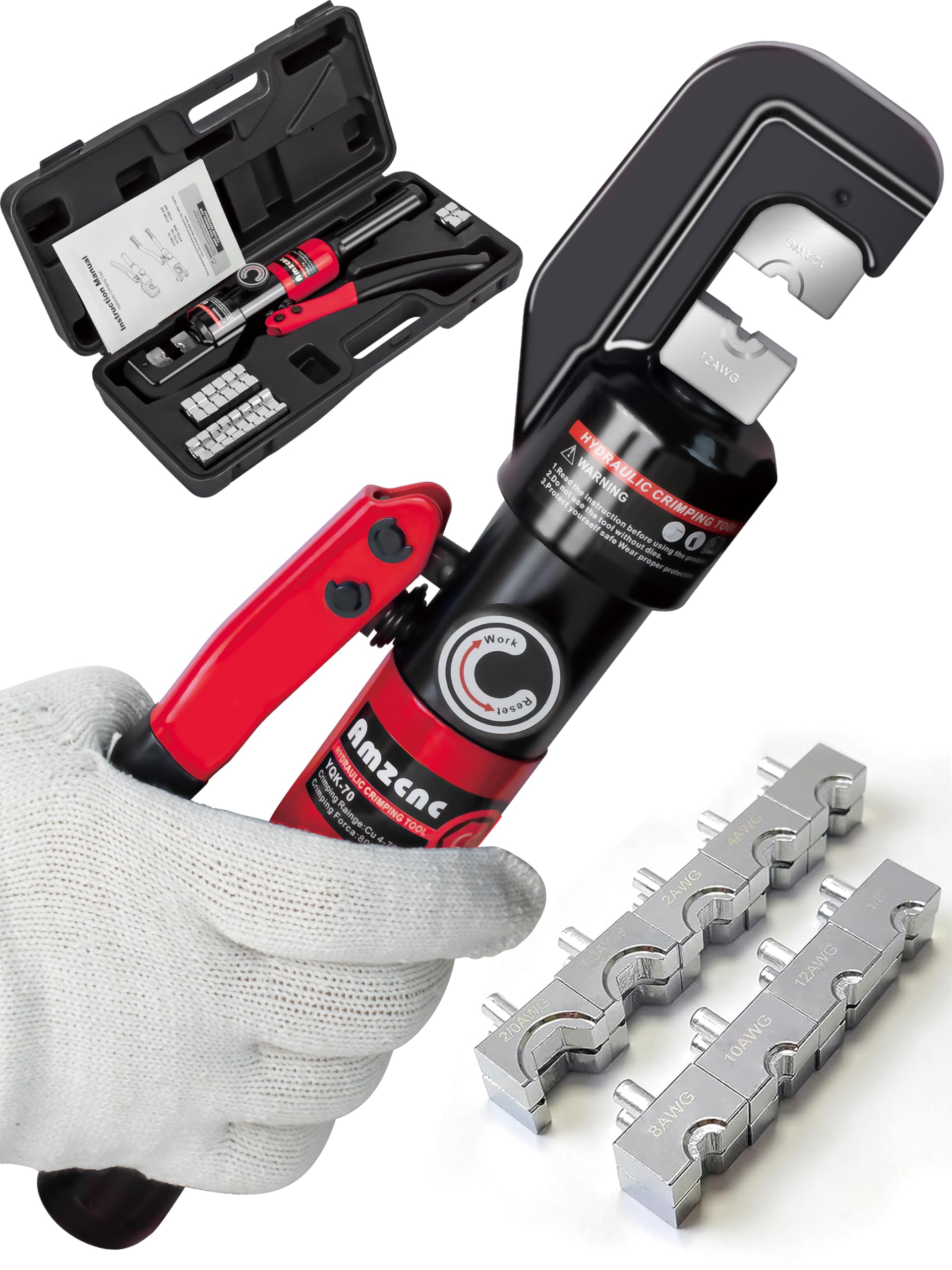 AMZCNC Hydraulic Cable Lug Crimper 10 TON 4mm² to 70mm² Electrical Terminal Cable Wire Tool Kit with 9 Die Sets Stainless Steel Wire Rope Railing Fittings, Wire Swaging Tool