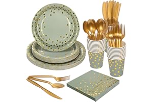 Goodlluck 175PCS Sage Green Paper Plates Golden Dot Disposable Party Dinnerware Set Severs 25 Guests,Party Plates Napkins Cup