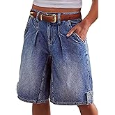 Flamingals Mid Rise Straight Leg Denim Bermuda Shorts Trendy Pleated Wash Casual Shorts