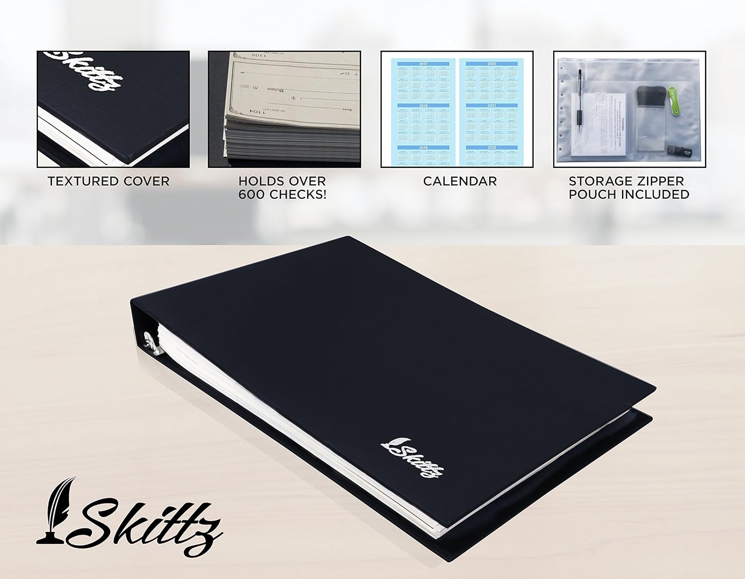 Skittz Black Business Check Binder 7 Ring w/Zip Organizer & Calendar for 3 on a Page Checks : Office Products