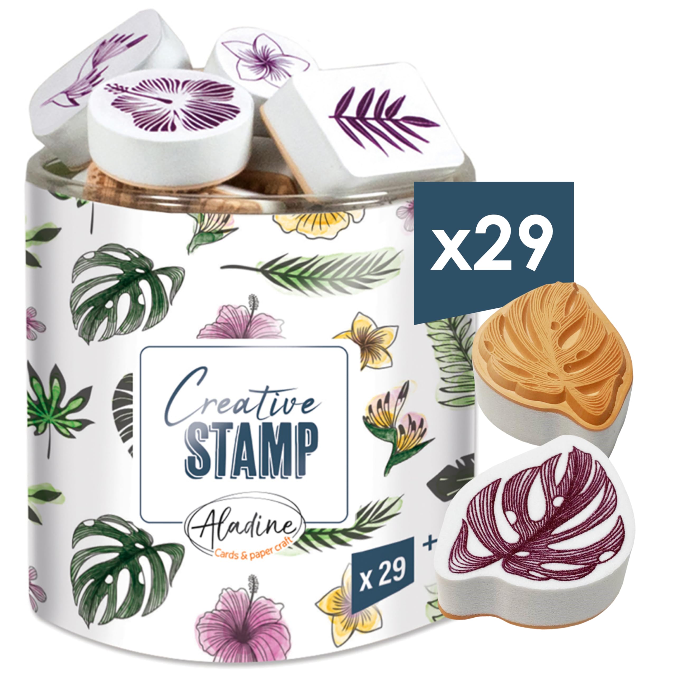 Aladine - Stampo Scrap Jungle - Stamp kit for Creative Cartery - Scrap, DIY, creative leisure - Stamp set to take everywhere + Black Ink Included - Jungle Theme and Tropical Leaves