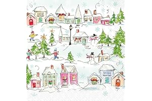 IHR Ideal Home Range Christmas Napkins Rosanne Beck - PINK - Disposable 3-Ply Paper Party Napkin Pack, Cocktail Size 5" x 5", Pink Holiday Village, 20-Count
