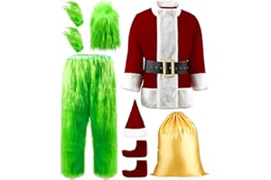 MOJONNIE Green Costume Adult 8PCS Santa Costume Adult Halloween Christmas Santa Claus Costume for Men Santa Suit