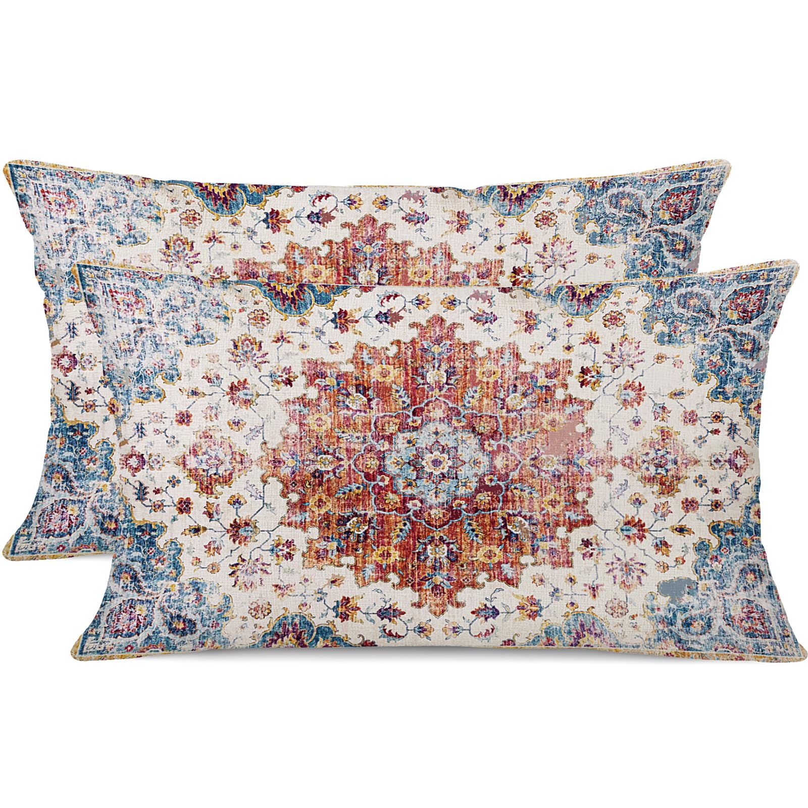 Photo 1 of Gujiahone Outdoor Waterproof Pillow Set of 2 - 12 X 20 Inch Blue Orange Bohemian Vintage Carpet Pattern Ethnic Design Decorative Farmhouse Pillow Covers for Couch Garden Balcony