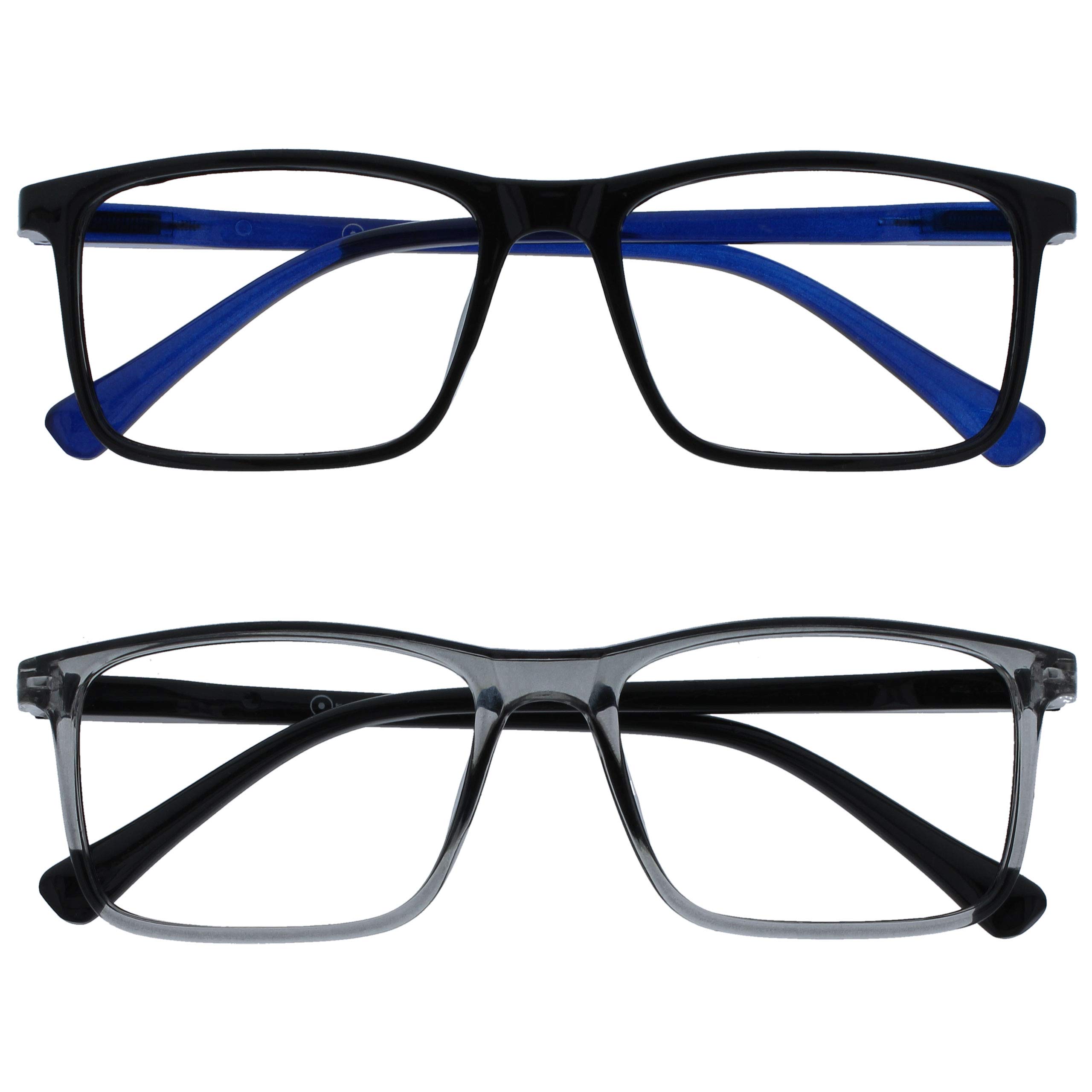OPULIZE INK Reading Glasses - Value 2 Pack - Large Rectangular Frame - Spring Hinges - Scratch Resistant - Black Grey - Mens Womens +2.00