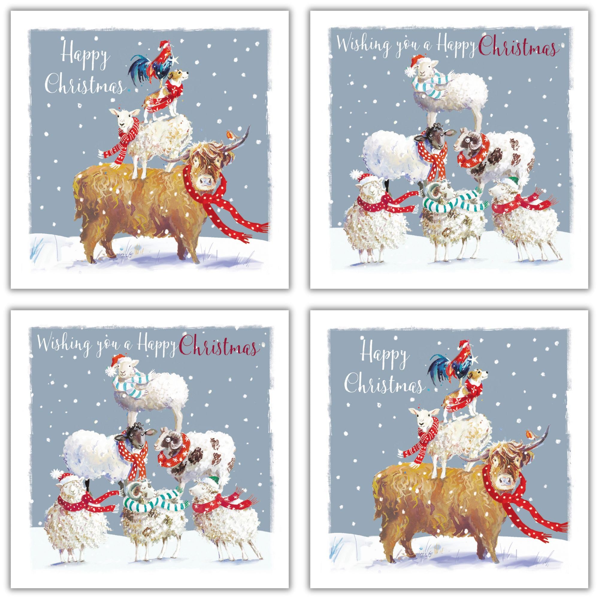 GBCC Charity Christmas Cards - Pack of 20 Assorted Premium Greeting Cards with Envelopes - Festive Sheep & Cow - (10 Each of 2 Designs) - Supporting UK Charities