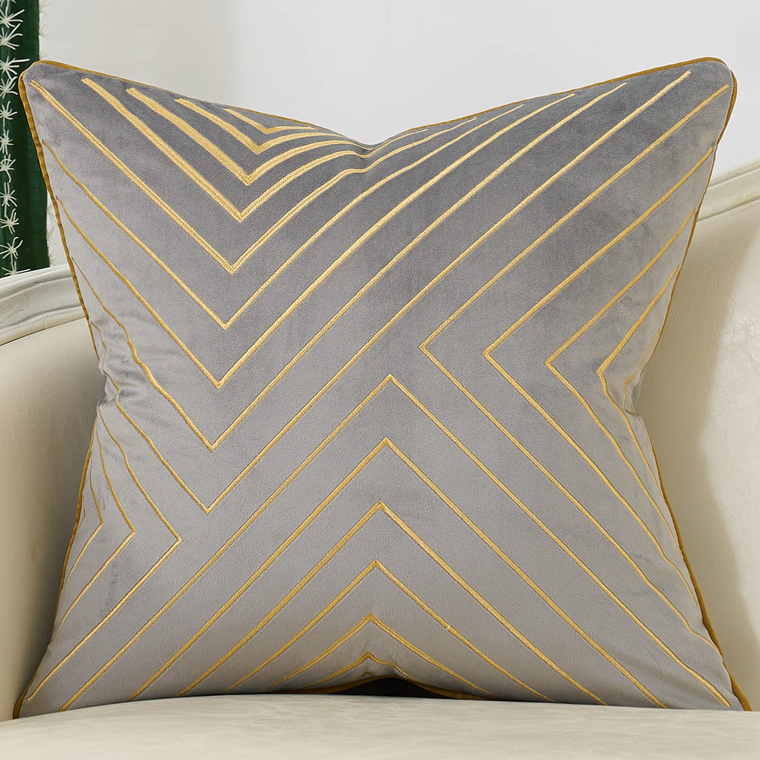 Photo 1 of Avigers 18 x 18 Inch Grey Gold Striped Geometric Lines Embroidery Velvet Cushion Case Luxury Modern Throw Pillow Cover Decorative Pillow for Couch Living Room Bedroom Car 45 x 45cm