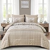 WONGS BEDDING Beige Comforter Set King, 7 Pieces Bed in a Bag Floral Geometric Patchwork Soft Microfiber Bedding Set with Comforter, Flat Sheet, Fitted Sheet, Pillow Shams,Pillowcases