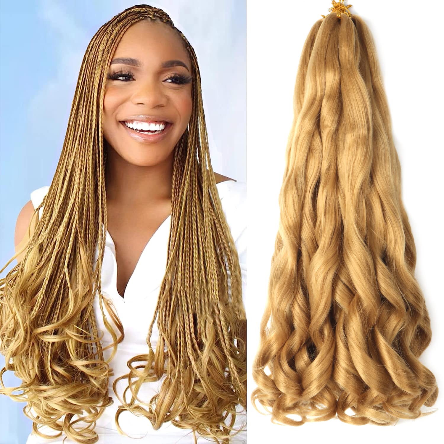 22 inch French Curly Braiding Hair 8 Pack Loose Wavy Spiral Curl Braids Crochet Hair Deep Wave Synthetic Extensions Pre Stretched Bouncy Braiding Hair (deep 22 inch, 27#)