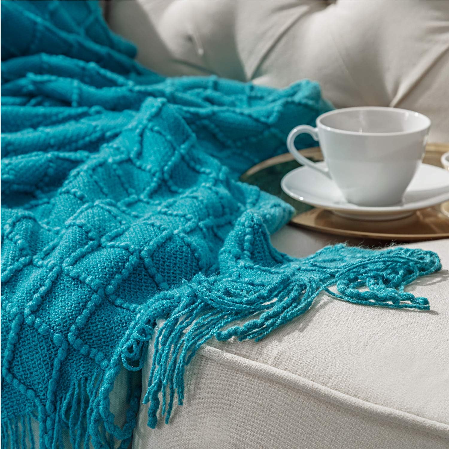 Bedsure 100% Acrylic Knit Throw Blanket, 50×60 Inch - Soft Warm Cozy Lightweight Decorative Blanket with Tassels for Couch, Bed, Sofa, Travel - Teal Turquoise Aqua Throw Blanket: Home & Kitchen