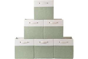 FinishingBo Large Foldable Cube Storage Bins, 13x13x13 Inch With Handles Coarse Linen Fabric Storage Box, Basket For Organizing Shelves, Home Cabinets and Office, 6 Packs (White and Green)